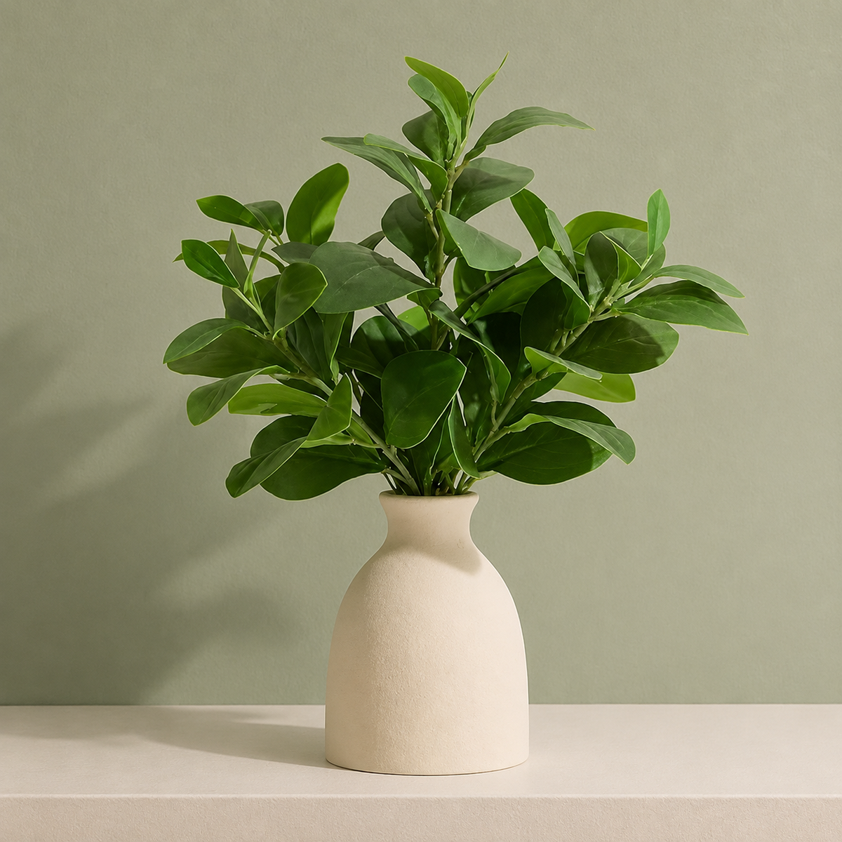 Faux Greenery Arrangement in Cream Vase, 16 Inch Potted Plant for Shelf and Desk Decor — styled product view 5