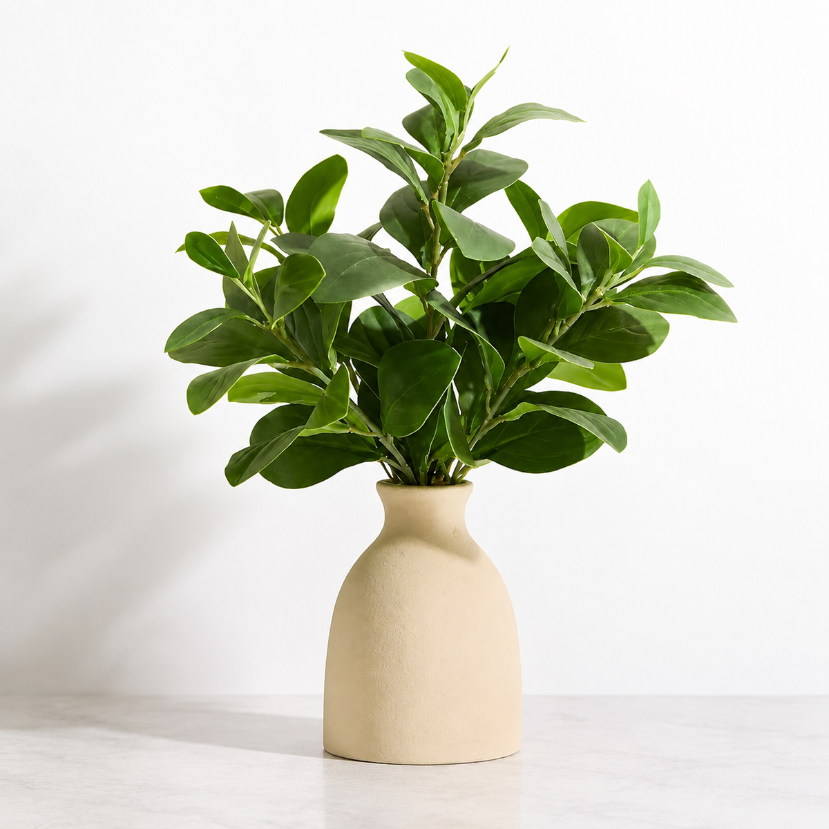 Faux Greenery Arrangement in Cream Vase, 16 Inch Potted Plant for Shelf and Desk Decor — styled product view 6