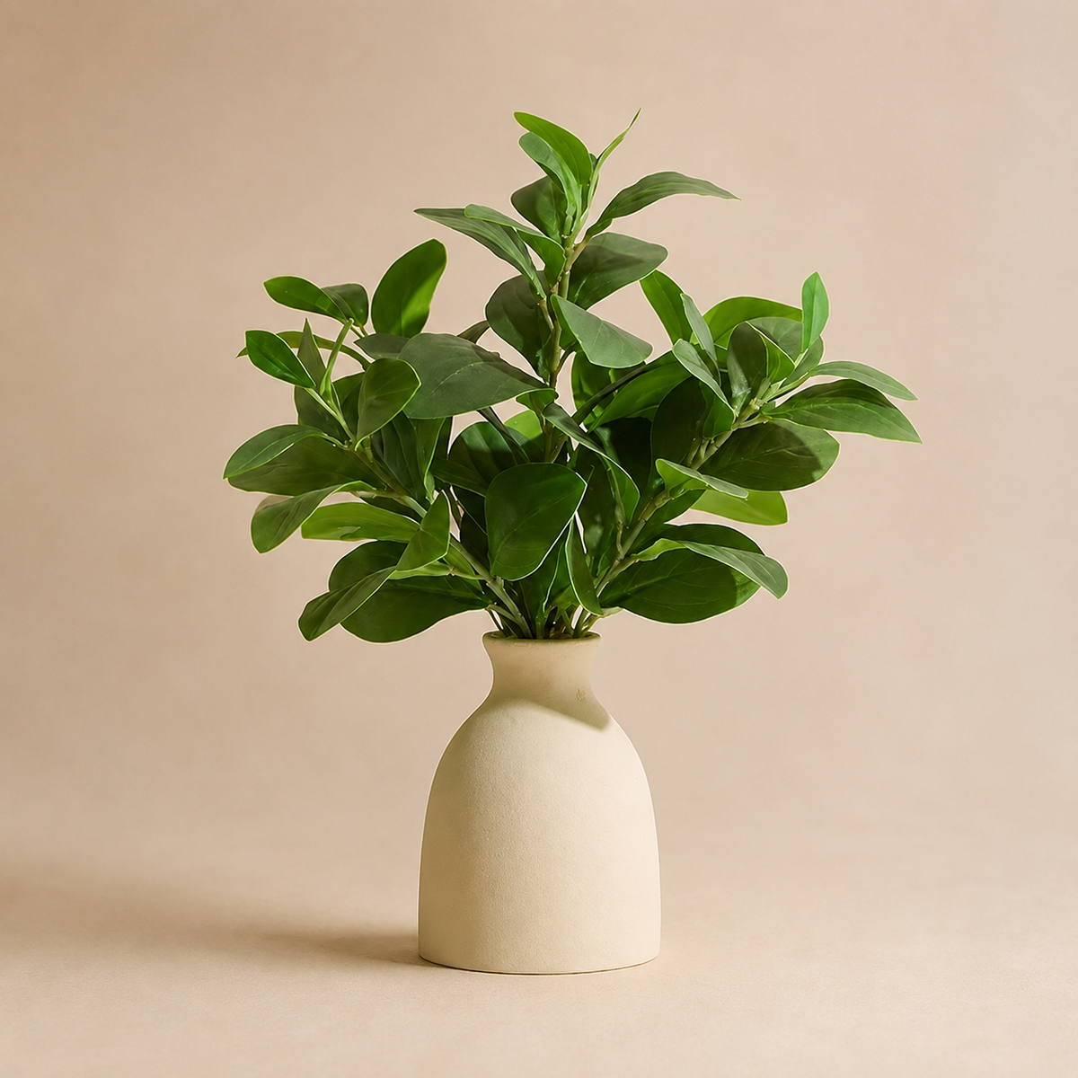 Faux Greenery Arrangement in Cream Vase, 16 Inch Potted Plant for Shelf and Desk Decor — styled product view 7
