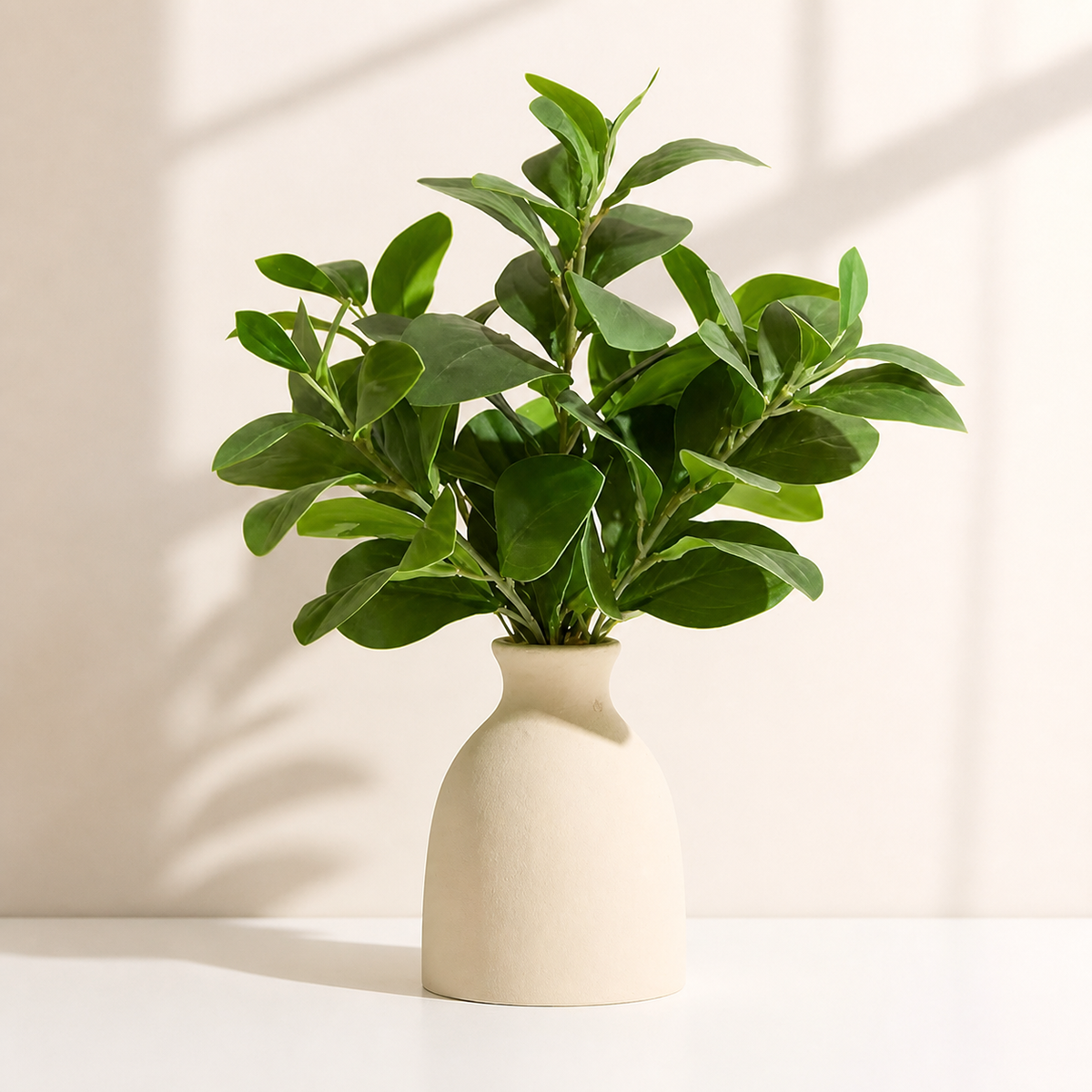 Faux Greenery Arrangement in Cream Vase, 16 Inch Potted Plant for Shelf and Desk Decor — styled product view 8