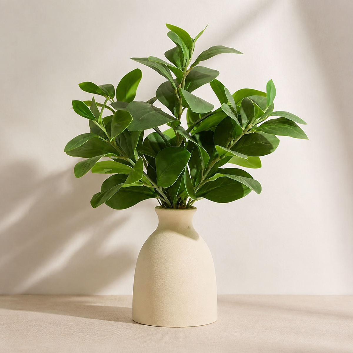 Faux Greenery Arrangement in Cream Vase, 16 Inch Potted Plant for Shelf and Desk Decor — styled product view 9