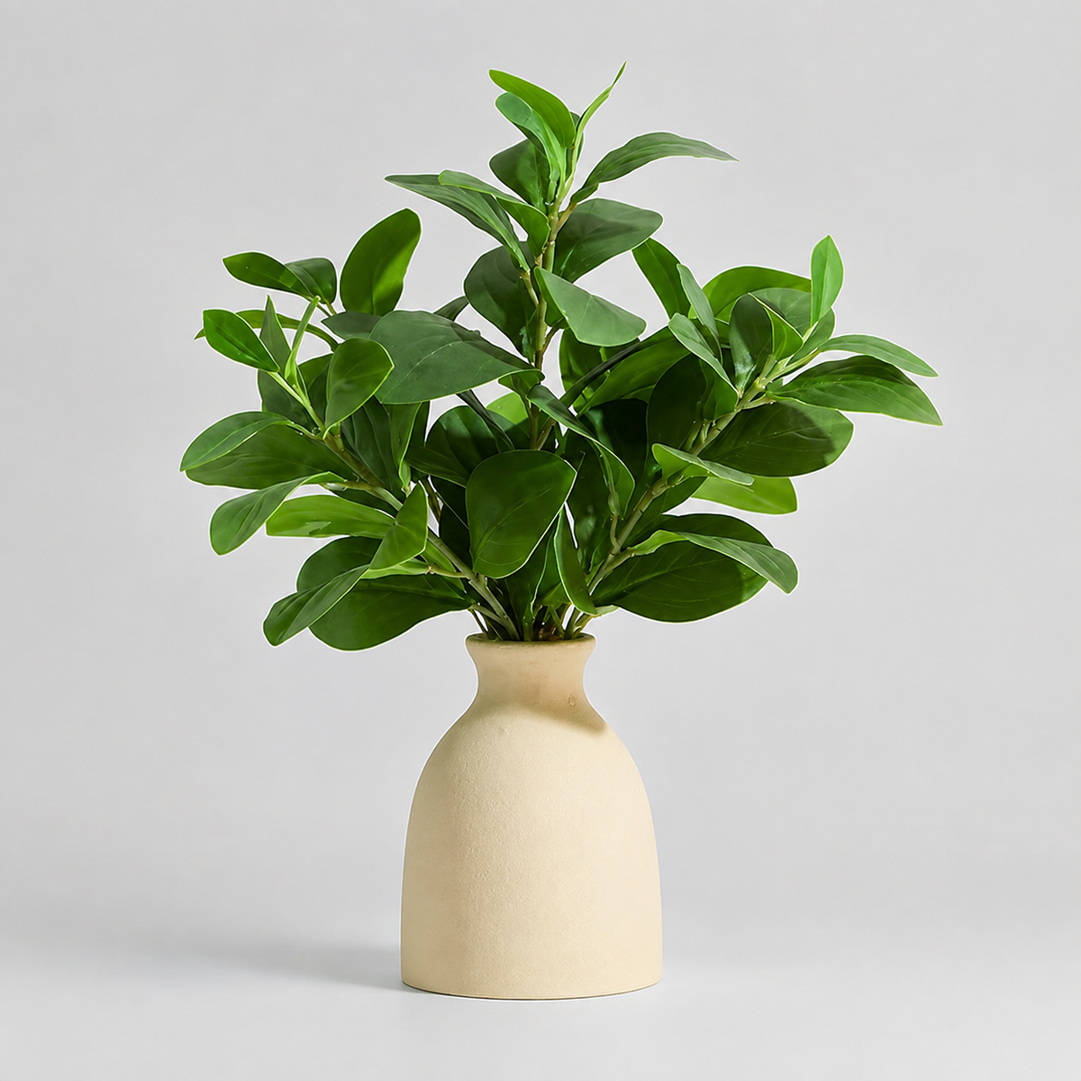 Faux Greenery Arrangement in Cream Vase, 16 Inch Potted Plant for Shelf and Desk Decor — styled product view 10