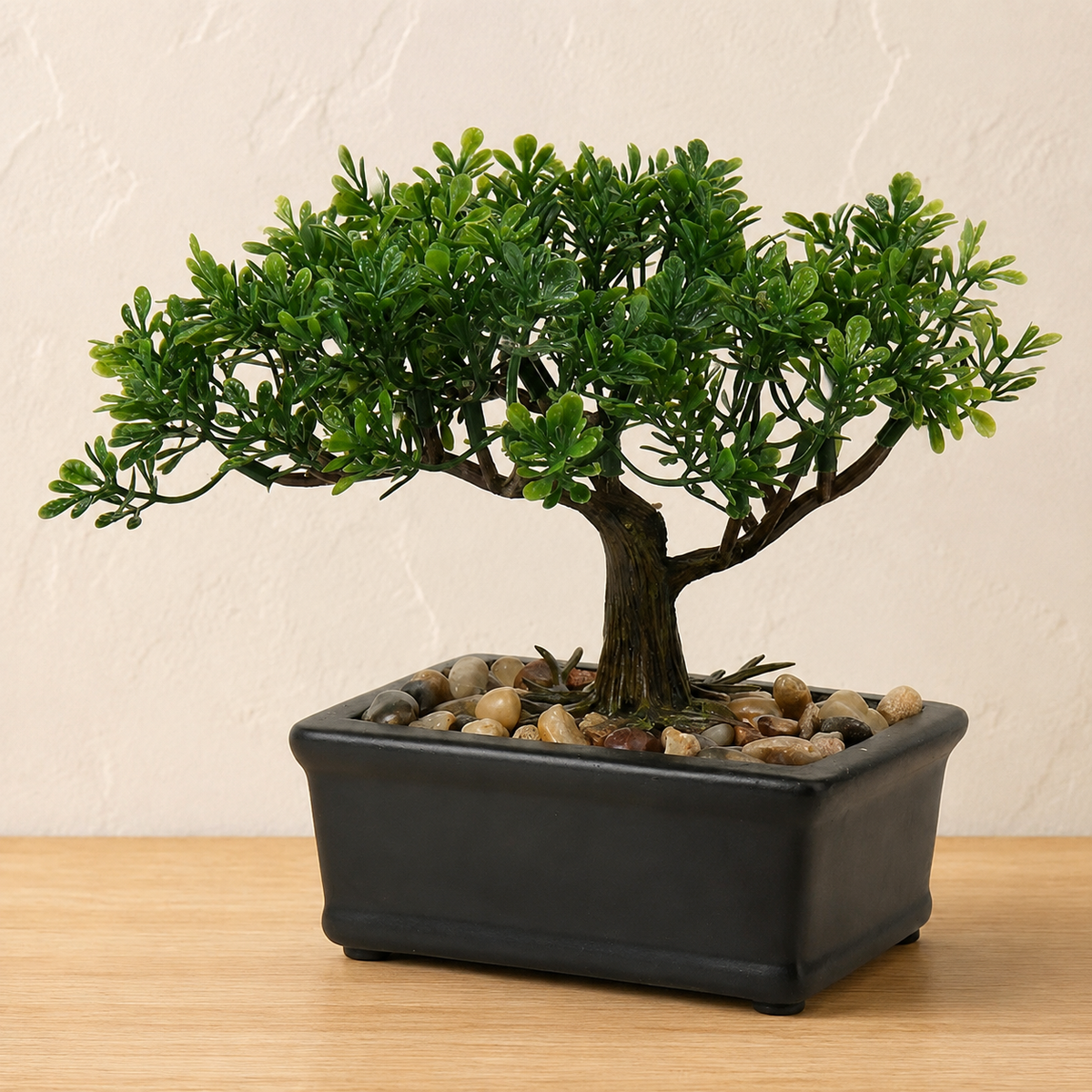 Mini Faux Bonsai Tree in Black Ceramic Pot, Green Tabletop Plant with Pebble Detail — styled product view 2