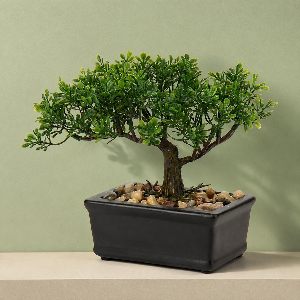 Mini Faux Bonsai Tree in Black Ceramic Pot, Green Tabletop Plant with Pebble Detail — styled product view 5
