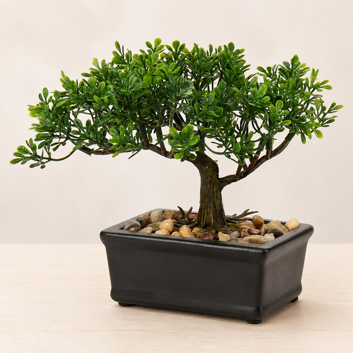Mini Faux Bonsai Tree in Black Ceramic Pot, Green Tabletop Plant with Pebble Detail — styled product view 6