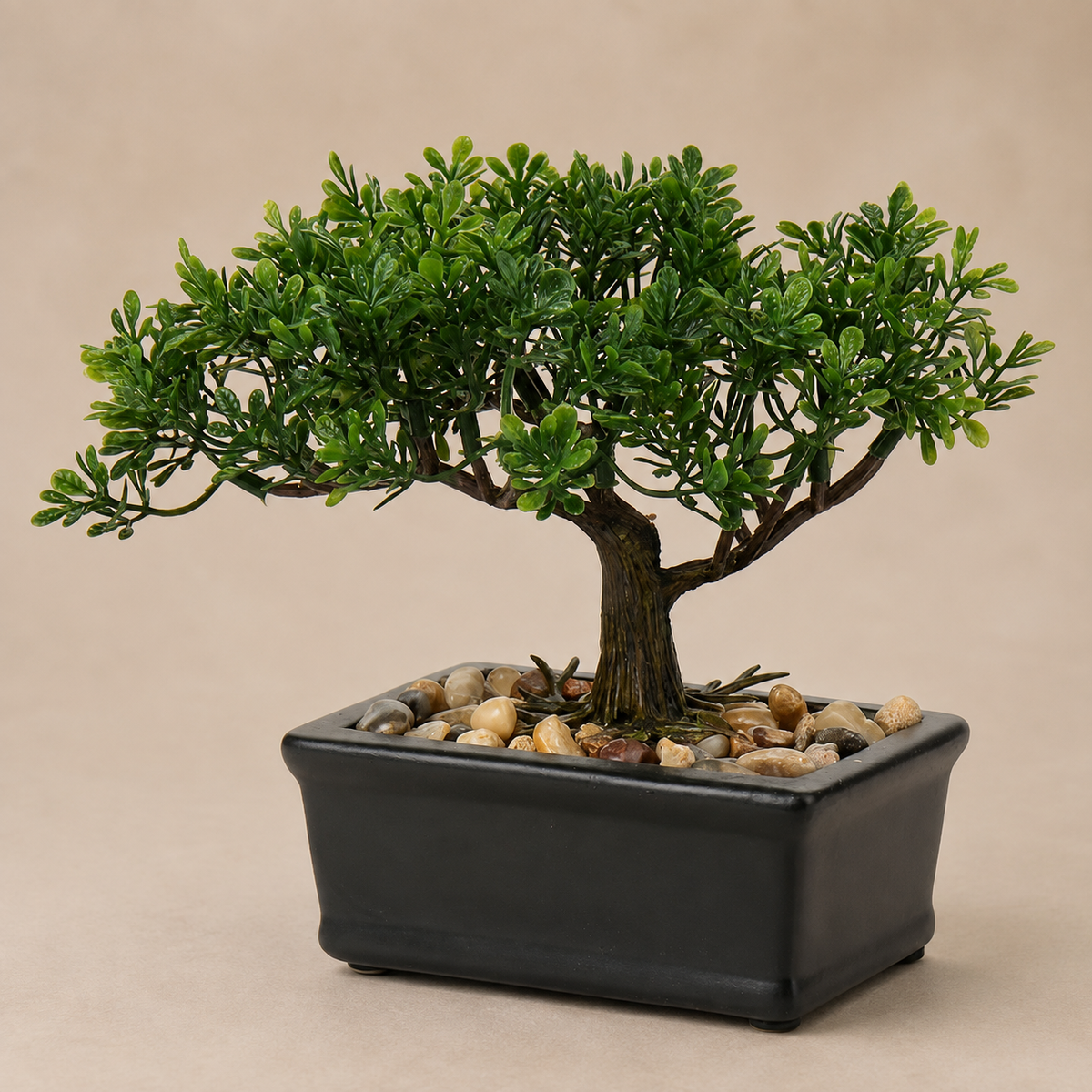 Mini Faux Bonsai Tree in Black Ceramic Pot, Green Tabletop Plant with Pebble Detail — styled product view 7