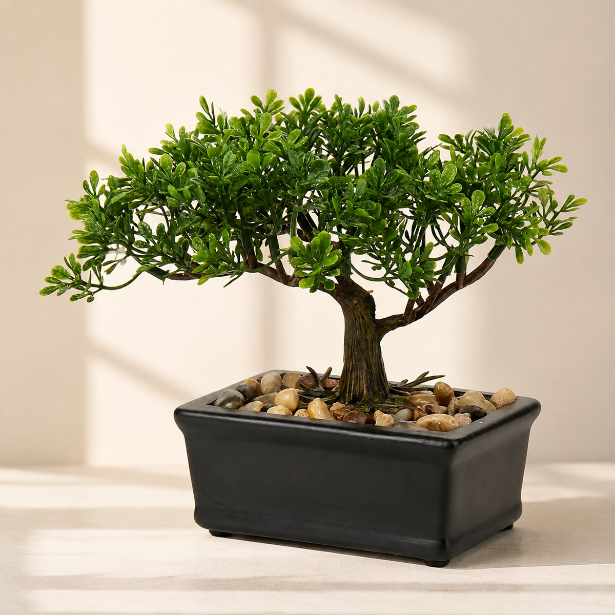 Mini Faux Bonsai Tree in Black Ceramic Pot, Green Tabletop Plant with Pebble Detail — styled product view 8