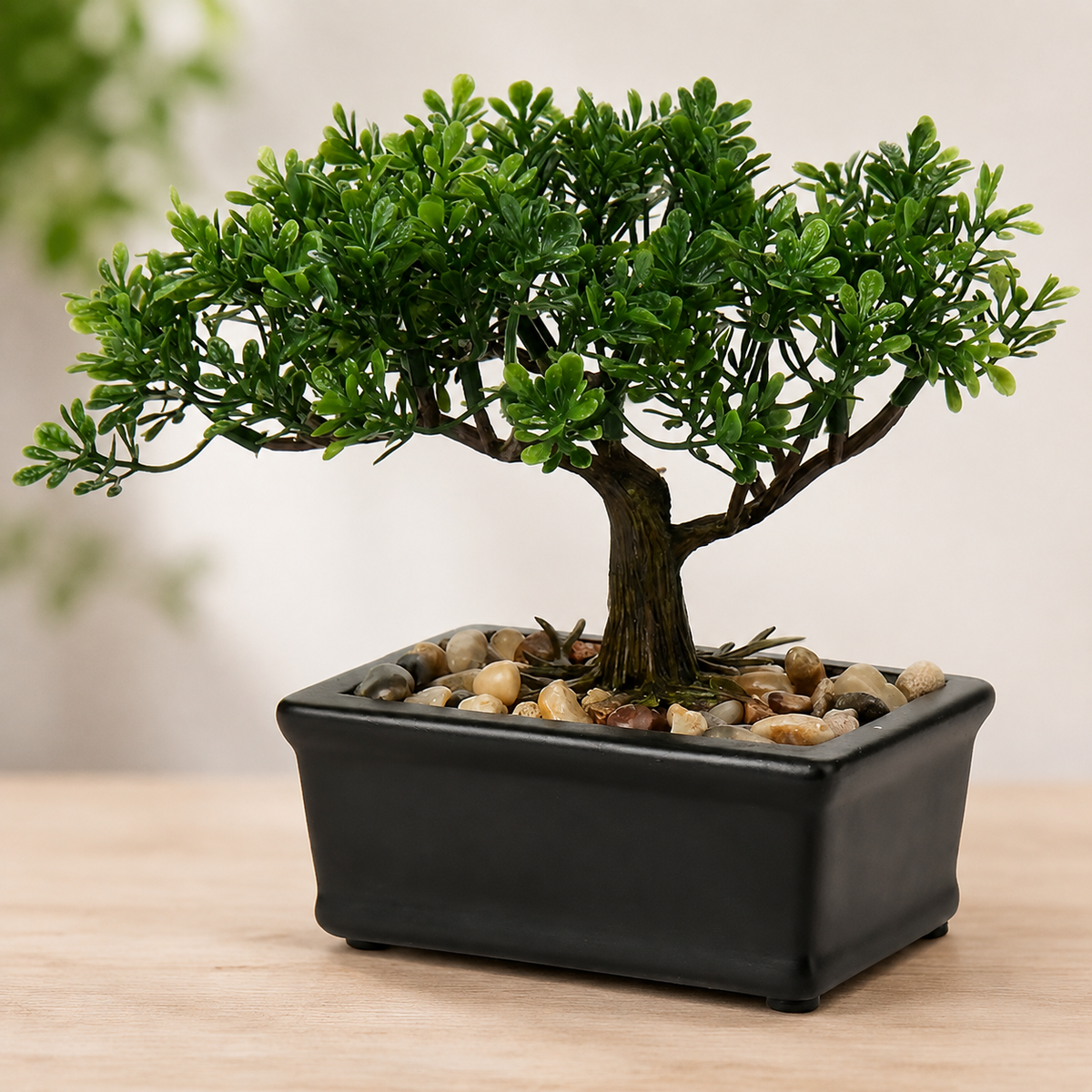 Mini Faux Bonsai Tree in Black Ceramic Pot, Green Tabletop Plant with Pebble Detail — styled product view 9