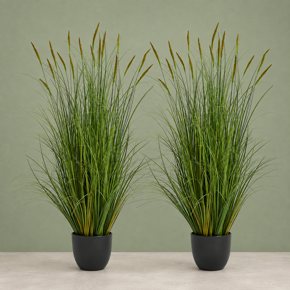 Set of 2 Faux Cattail Reed Grass Plants, 4 Foot Greenery in Black Pots for Indoor Decor — styled product view 5