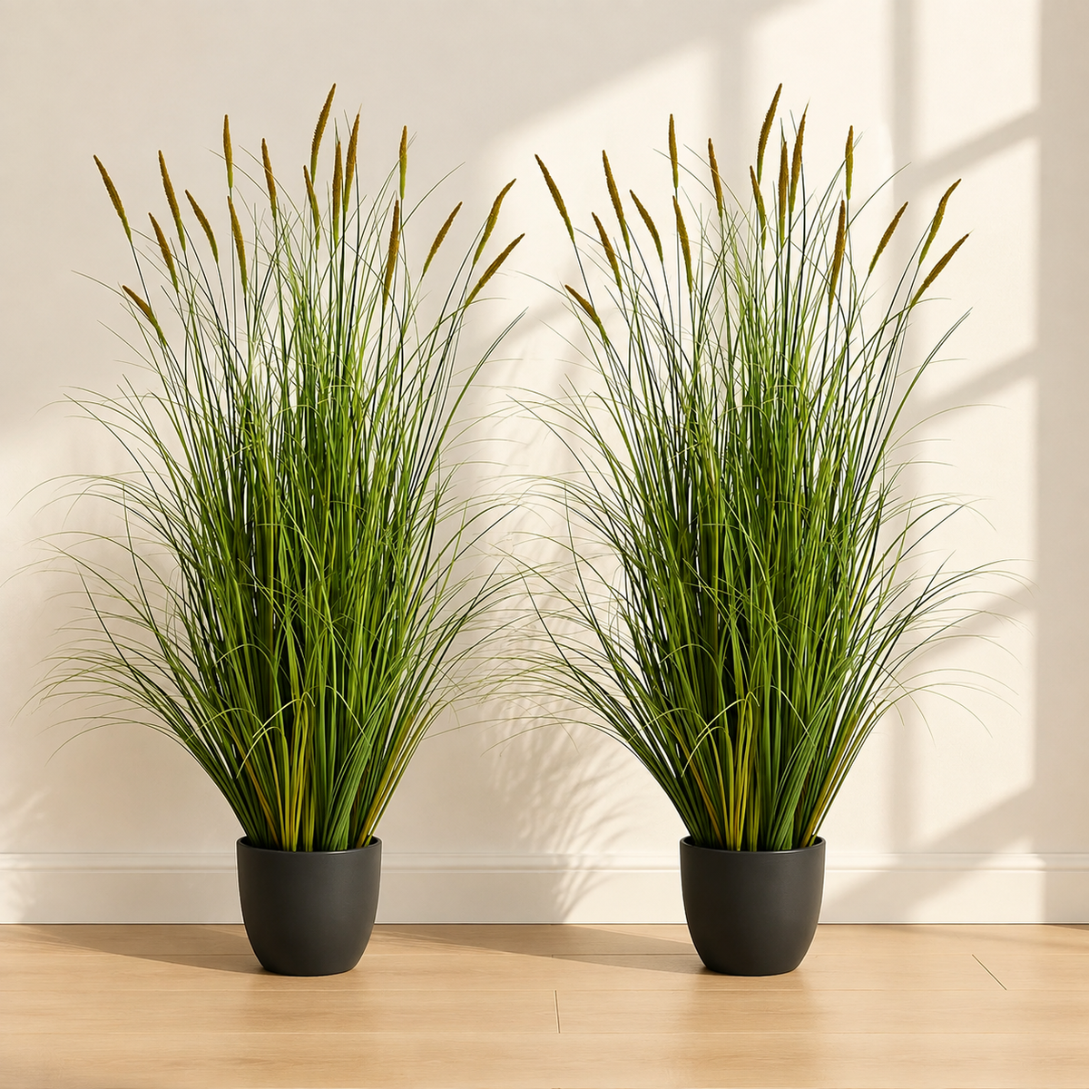 Set of 2 Faux Cattail Reed Grass Plants, 4 Foot Greenery in Black Pots for Indoor Decor — styled product view 8