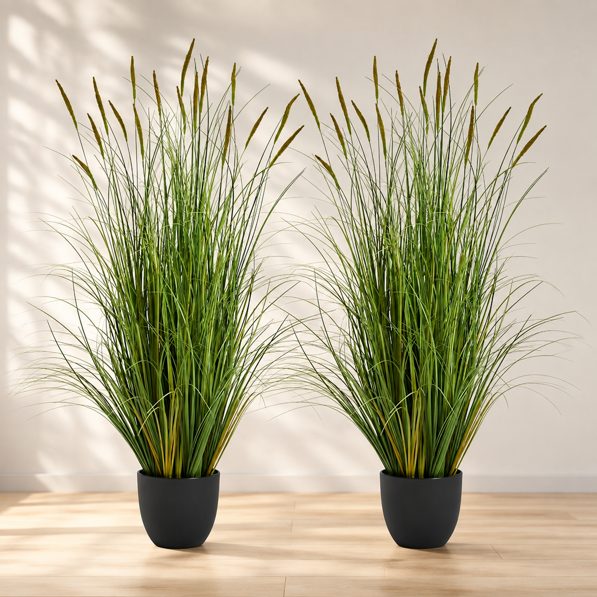 Set of 2 Faux Cattail Reed Grass Plants, 4 Foot Greenery in Black Pots for Indoor Decor — styled product view 9