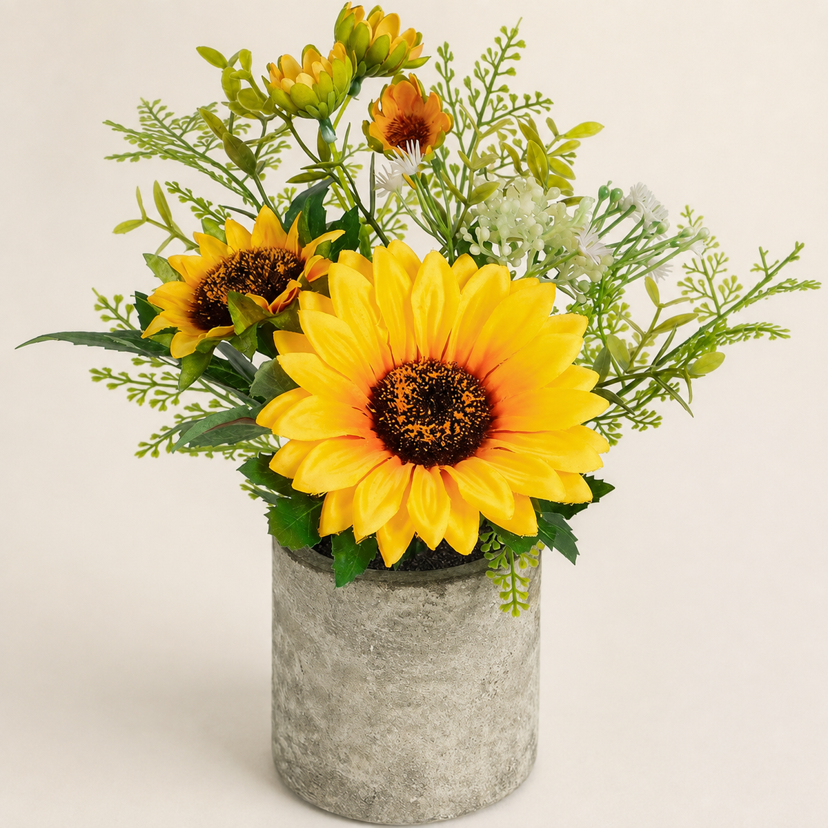 Small Faux Sunflower Arrangement in Gray Pot, Yellow Floral Desk and Shelf Decor — styled product view 1
