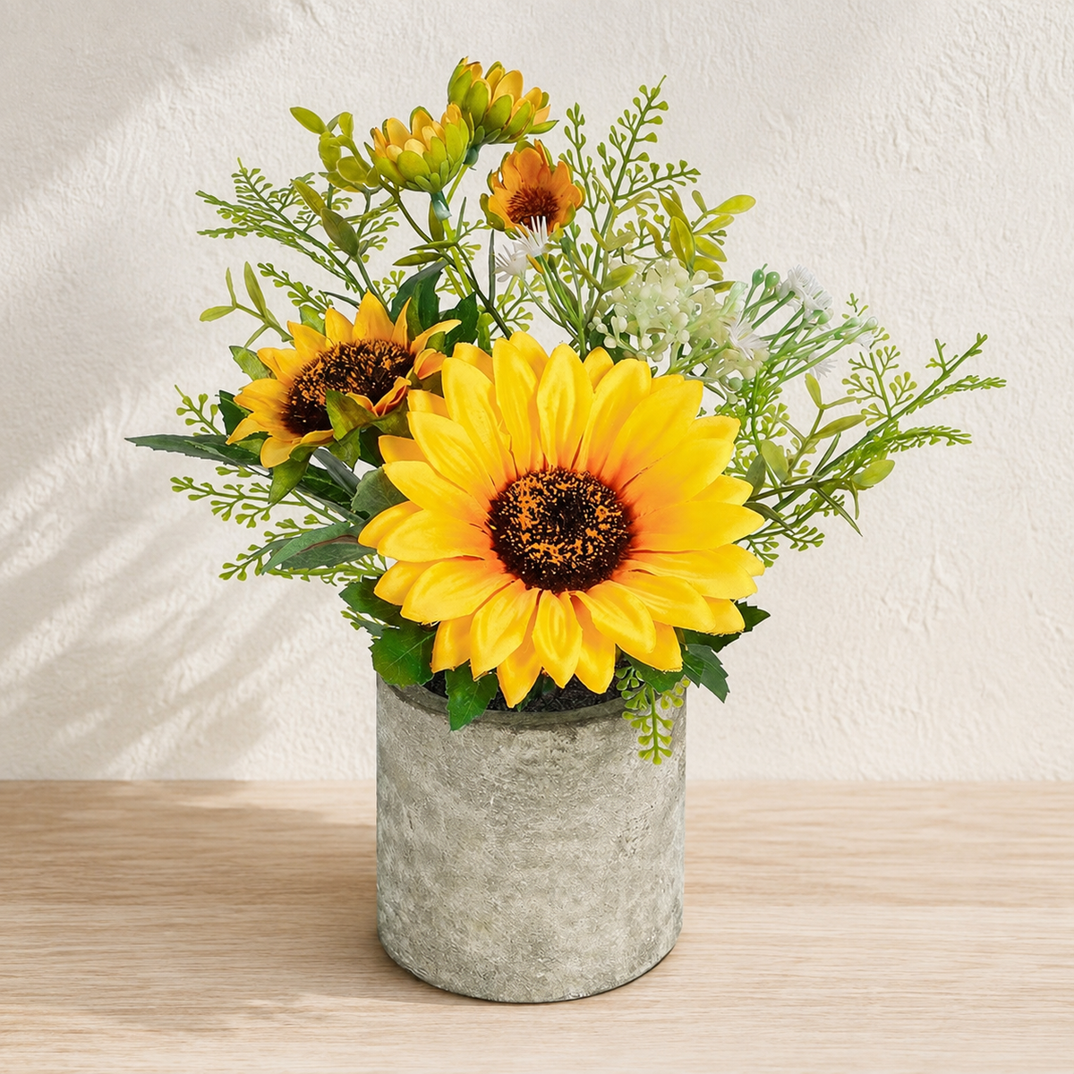 Small Faux Sunflower Arrangement in Gray Pot, Yellow Floral Desk and Shelf Decor — styled product view 2
