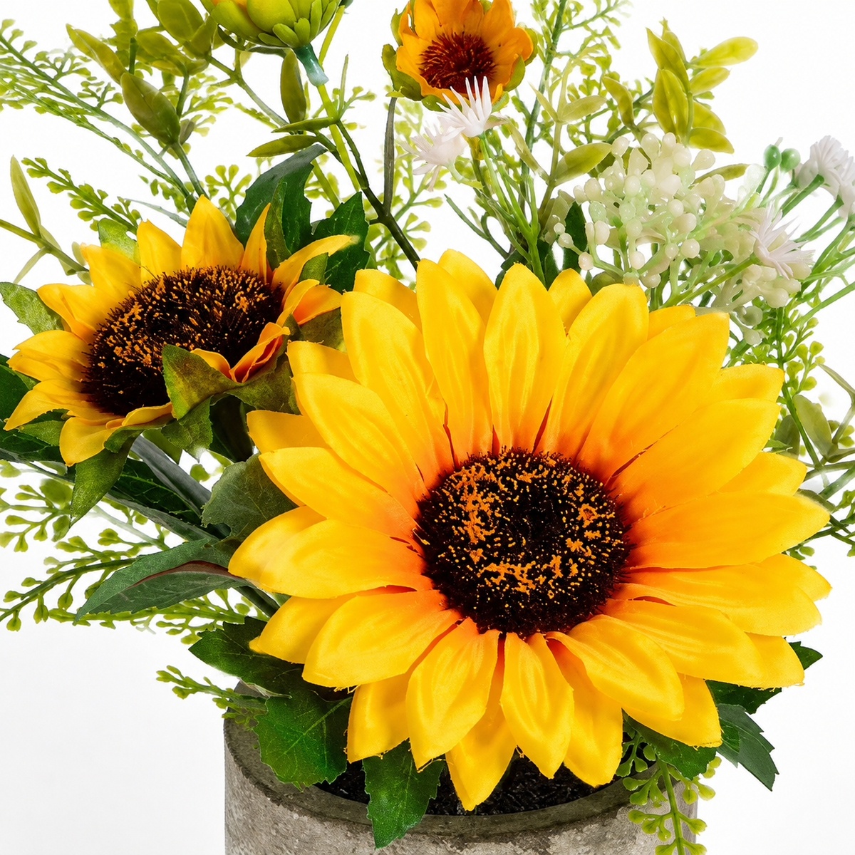 Small Faux Sunflower Arrangement in Gray Pot, Yellow Floral Desk and Shelf Decor — styled product view 3
