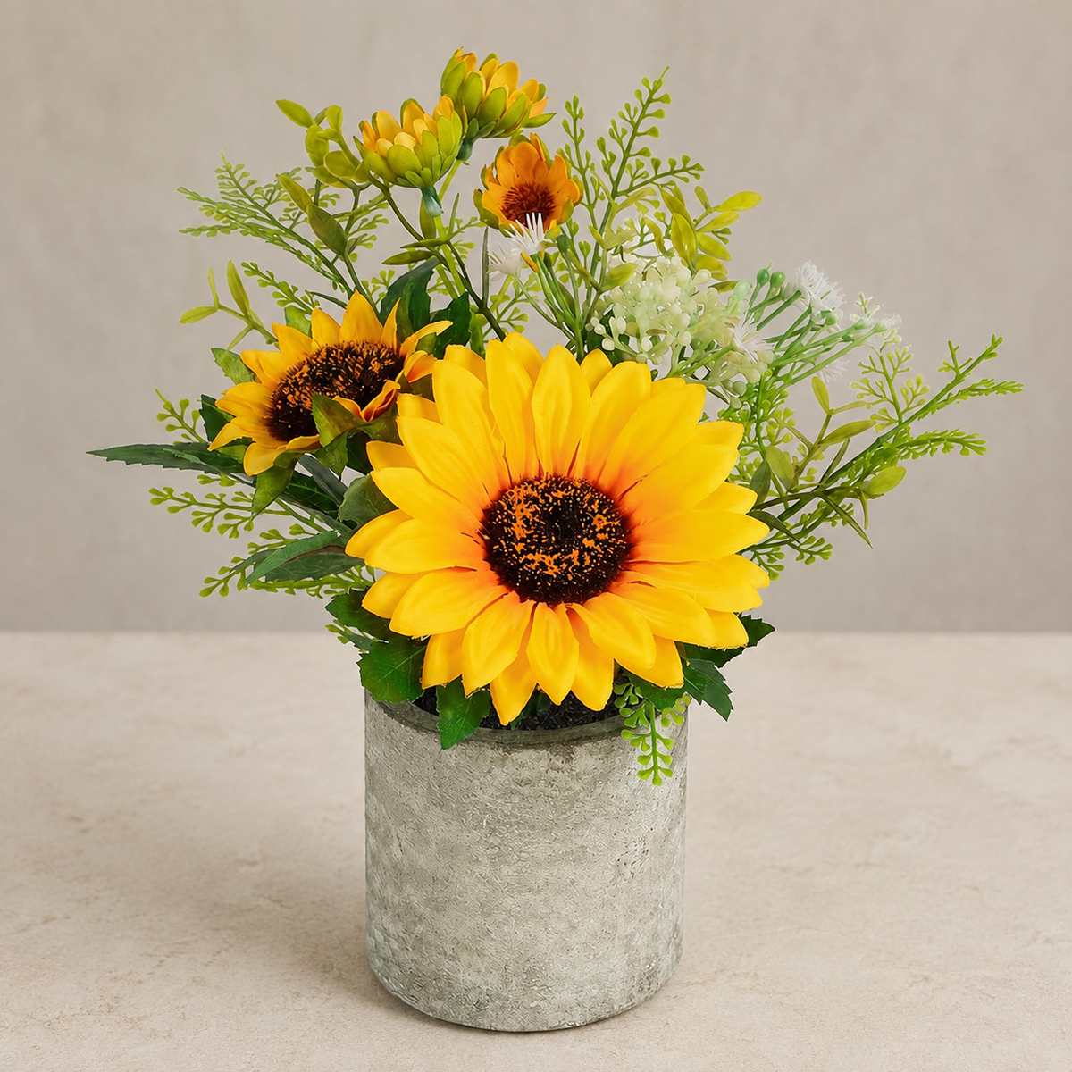 Small Faux Sunflower Arrangement in Gray Pot, Yellow Floral Desk and Shelf Decor — styled product view 4
