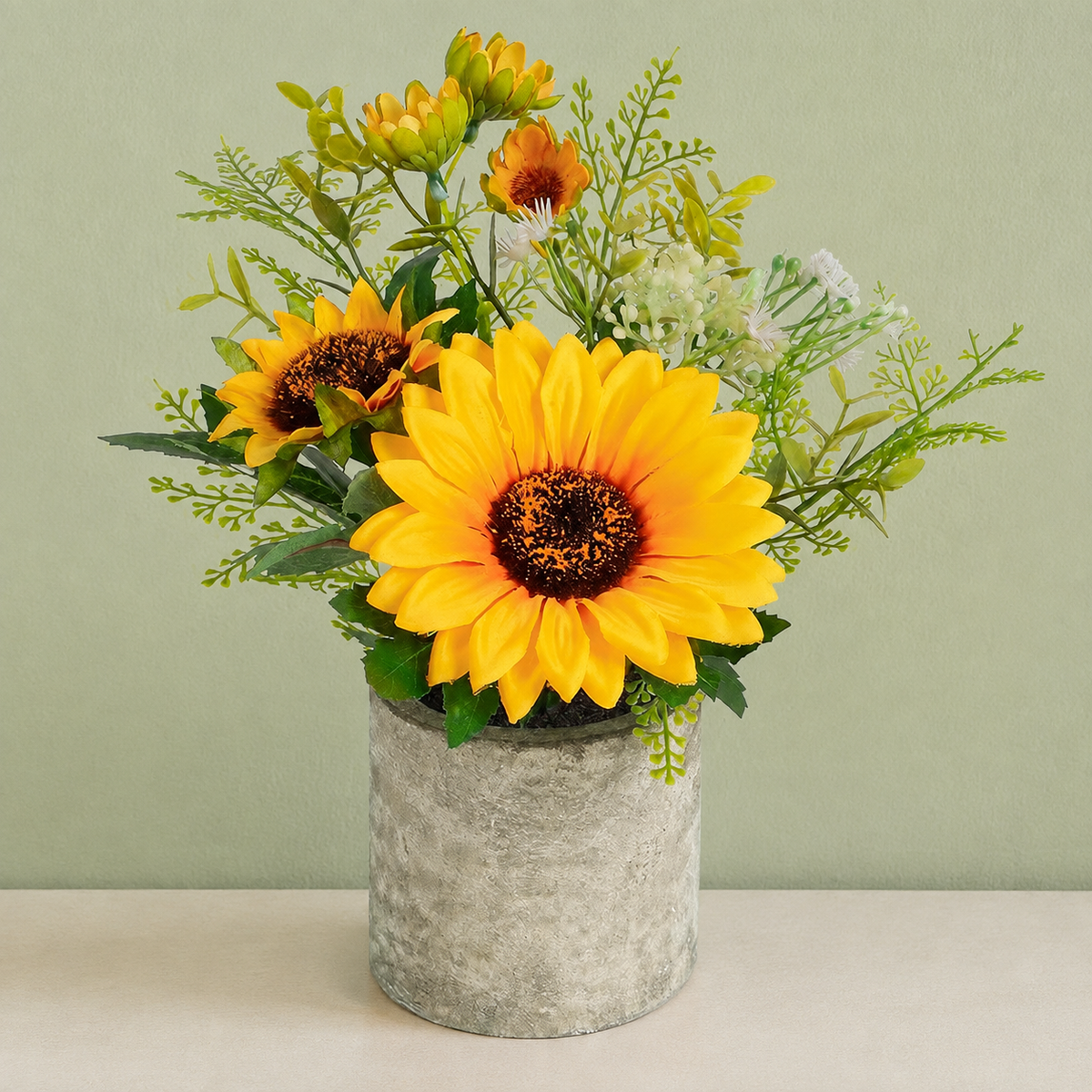 Small Faux Sunflower Arrangement in Gray Pot, Yellow Floral Desk and Shelf Decor — styled product view 5
