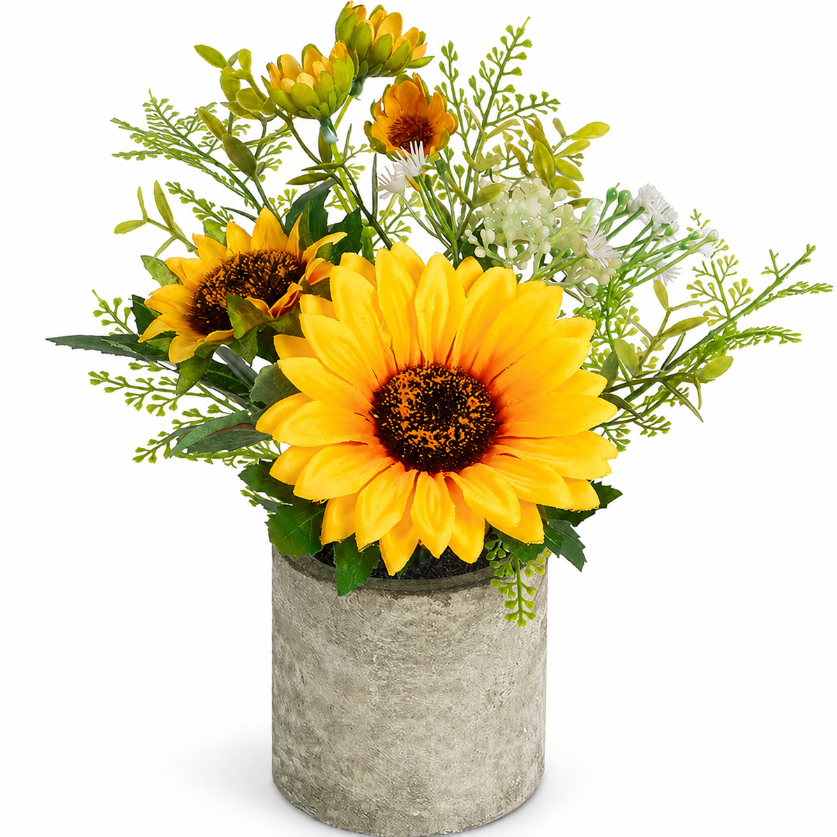 Small Faux Sunflower Arrangement in Gray Pot, Yellow Floral Desk and Shelf Decor — styled product view 6