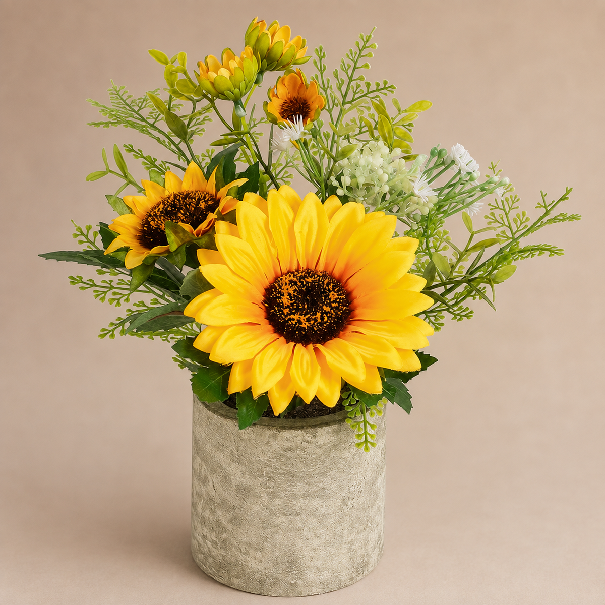 Small Faux Sunflower Arrangement in Gray Pot, Yellow Floral Desk and Shelf Decor — styled product view 7