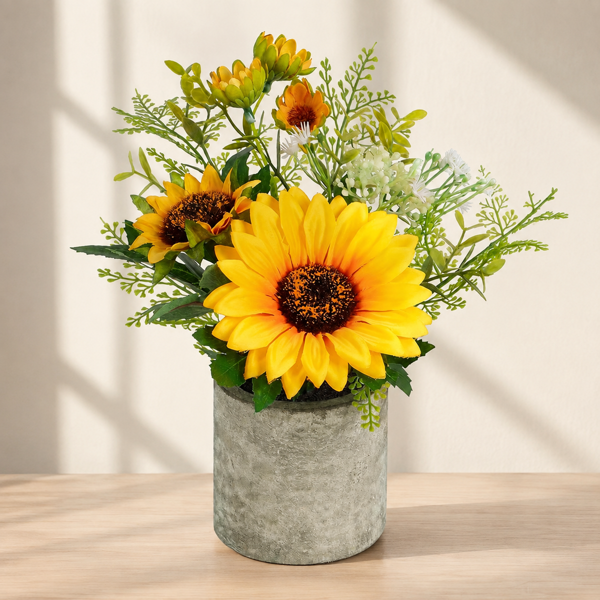 Small Faux Sunflower Arrangement in Gray Pot, Yellow Floral Desk and Shelf Decor — styled product view 8