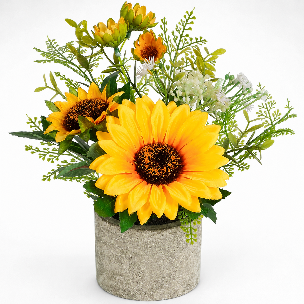 Small Faux Sunflower Arrangement in Gray Pot, Yellow Floral Desk and Shelf Decor — styled product view 9