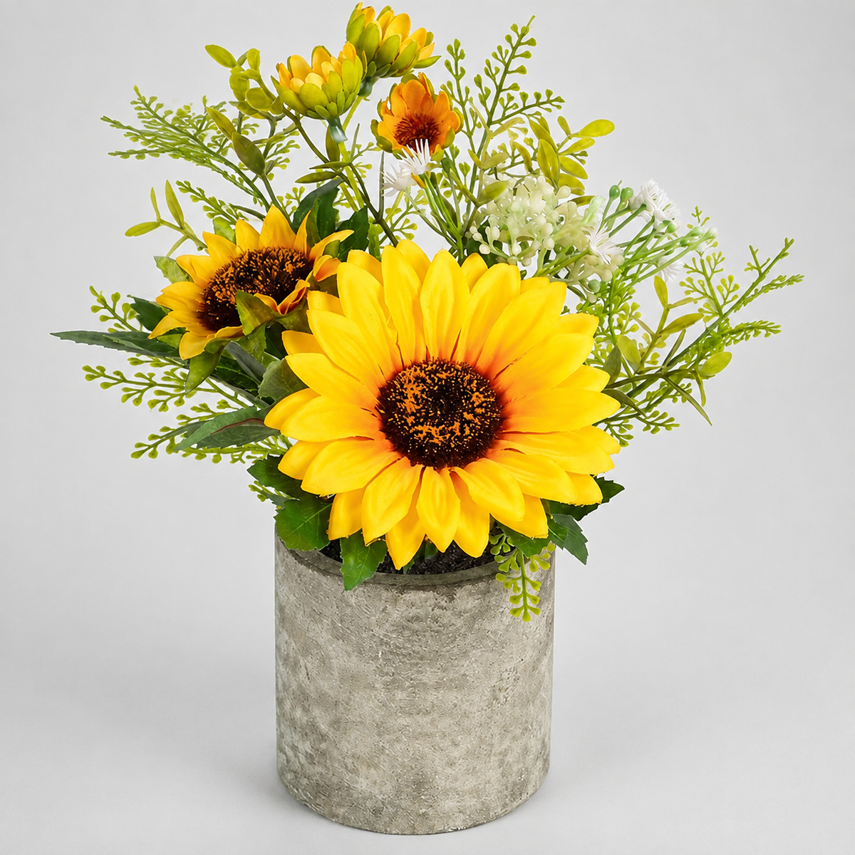 Small Faux Sunflower Arrangement in Gray Pot, Yellow Floral Desk and Shelf Decor — styled product view 10