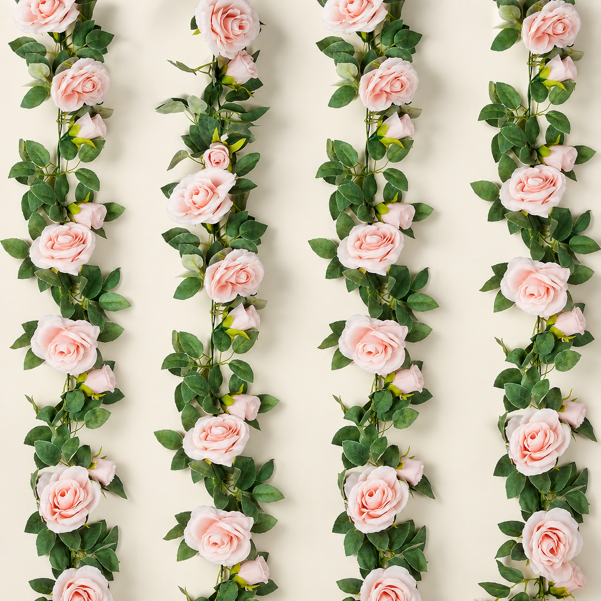 Set of 4 Pink Rose Garlands, 6.5 Foot Faux Flower Vines with Green Leaves for Wedding Decor — garland section view 1