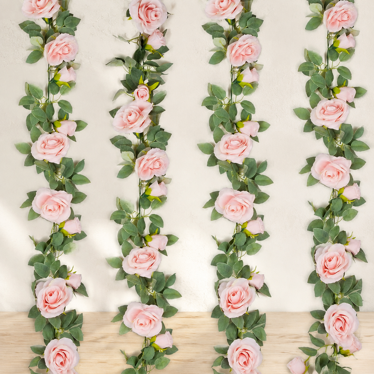 Set of 4 Pink Rose Garlands, 6.5 Foot Faux Flower Vines with Green Leaves for Wedding Decor — garland section view 2