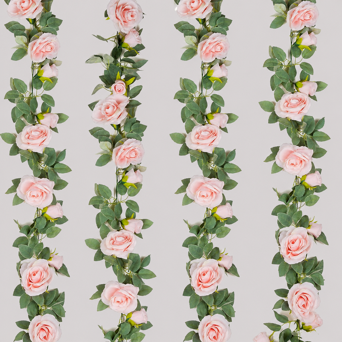 Set of 4 Pink Rose Garlands, 6.5 Foot Faux Flower Vines with Green Leaves for Wedding Decor — garland section view 4
