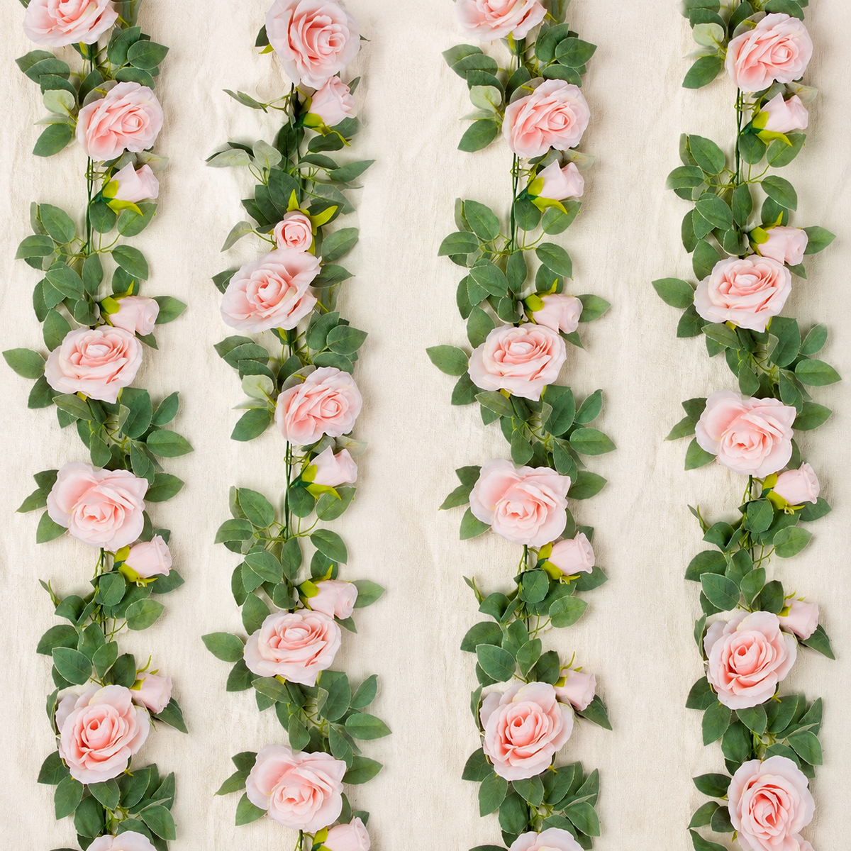 Set of 4 Pink Rose Garlands, 6.5 Foot Faux Flower Vines with Green Leaves for Wedding Decor — garland section view 6