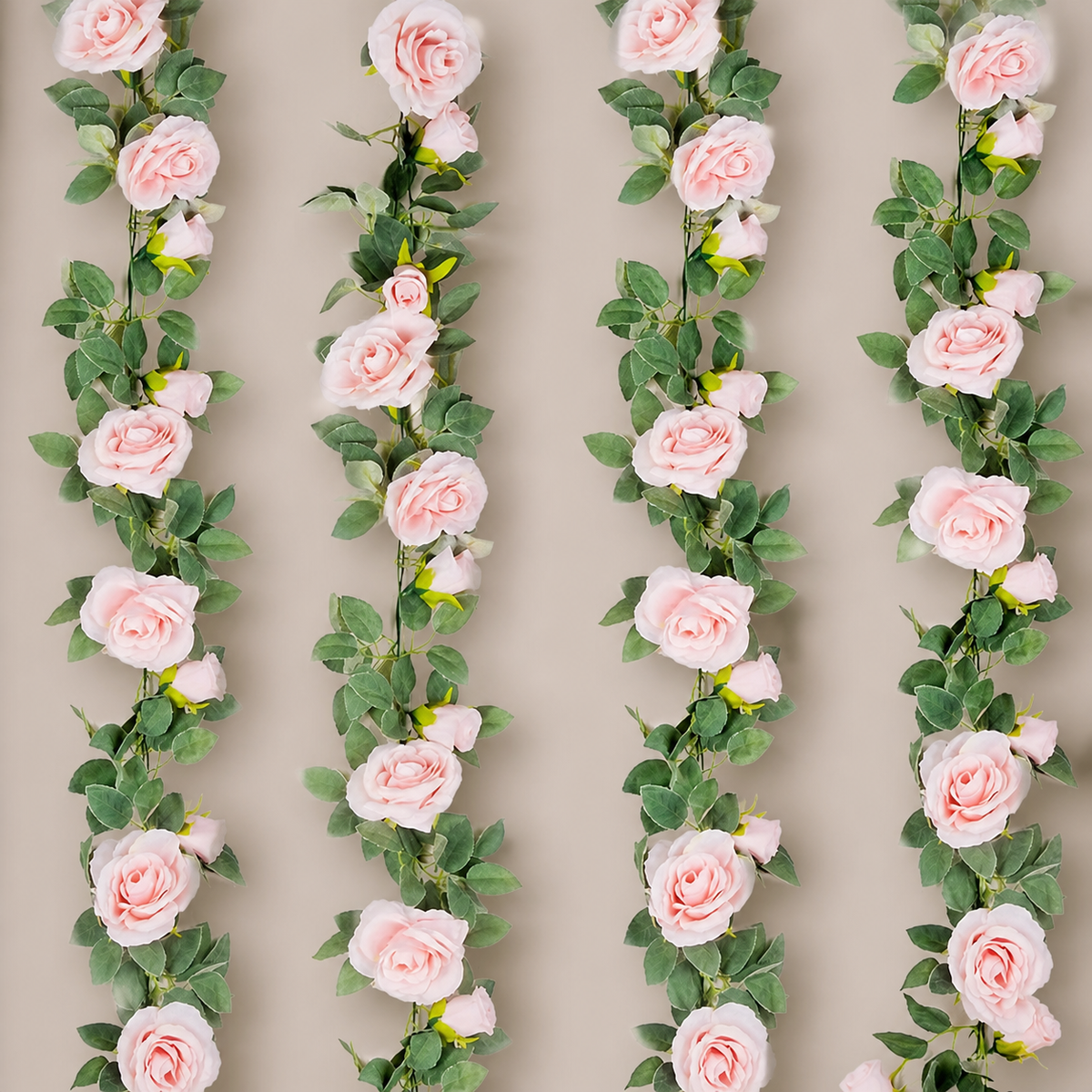 Set of 4 Pink Rose Garlands, 6.5 Foot Faux Flower Vines with Green Leaves for Wedding Decor — garland section view 7