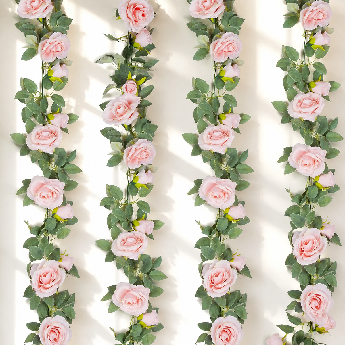 Set of 4 Pink Rose Garlands, 6.5 Foot Faux Flower Vines with Green Leaves for Wedding Decor — garland section view 8