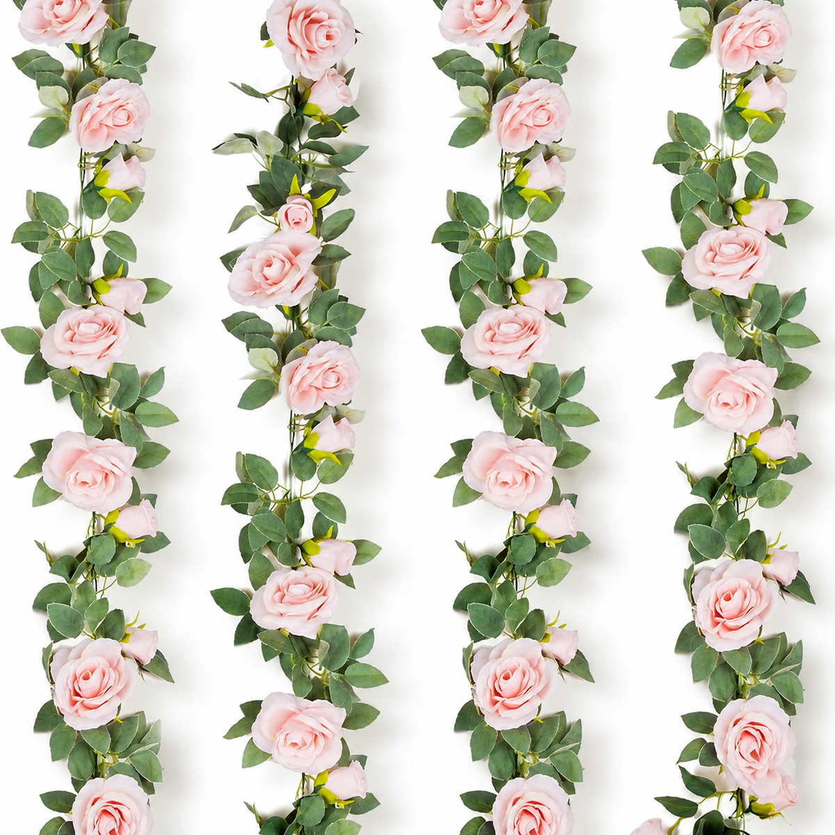 Set of 4 Pink Rose Garlands, 6.5 Foot Faux Flower Vines with Green Leaves for Wedding Decor — garland section view 9