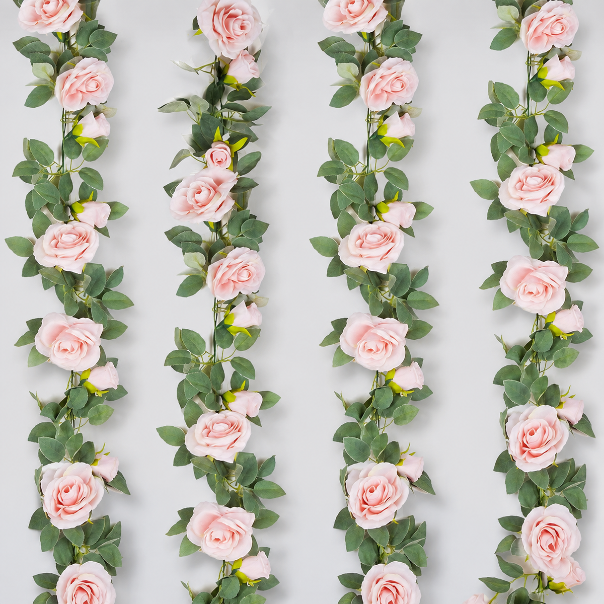 Set of 4 Pink Rose Garlands, 6.5 Foot Faux Flower Vines with Green Leaves for Wedding Decor — garland section view 10