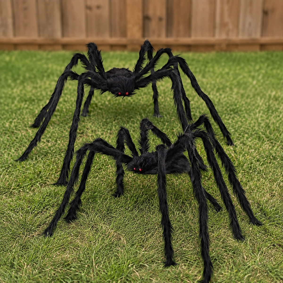Set of 2 Black Furry Spiders with Red Eyes, Poseable Halloween Yard and Porch Decorations, product view 7