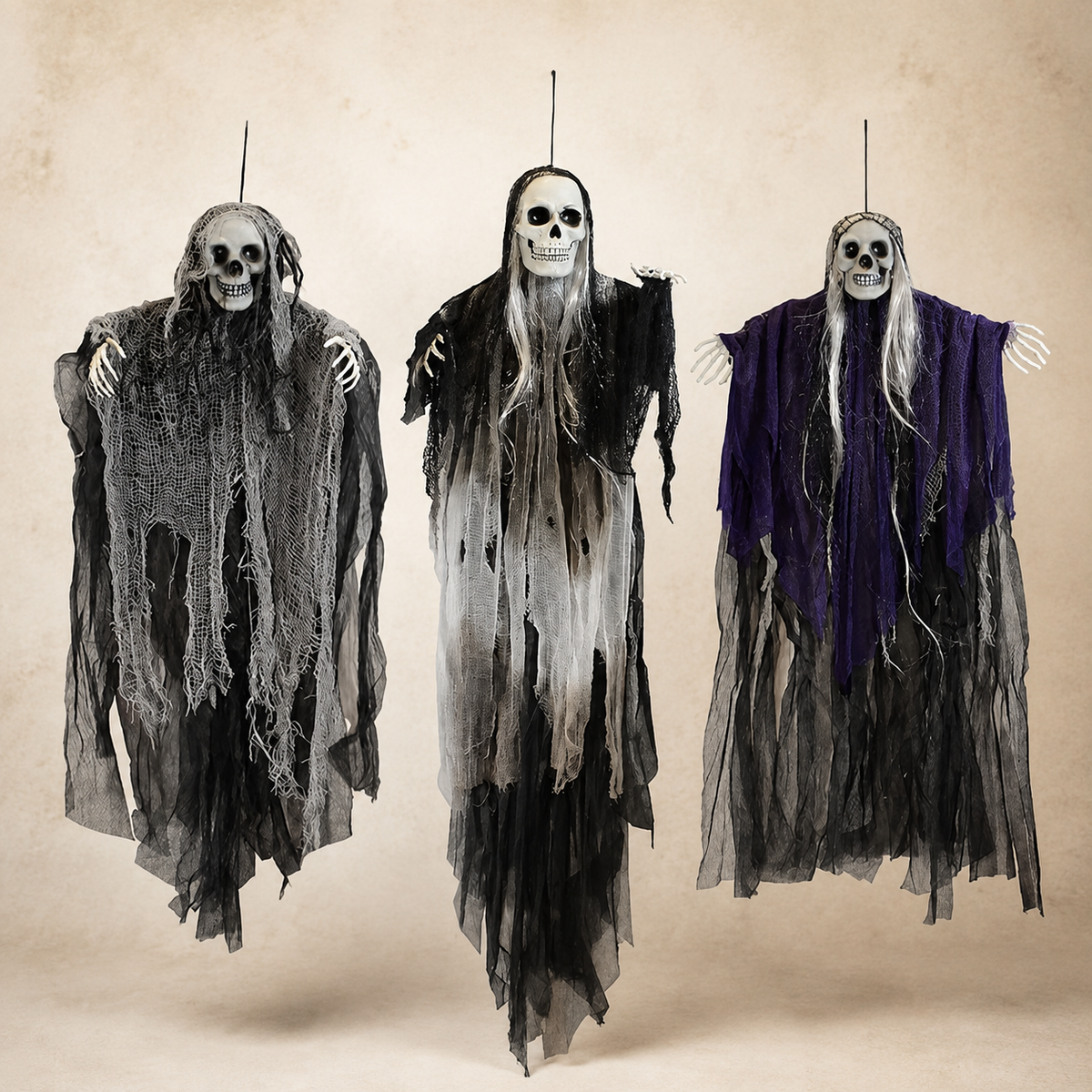 Set of 3 Hanging Grim Reapers, Skull Ghost Decorations in Gray Black and Purple for Halloween, product view 1