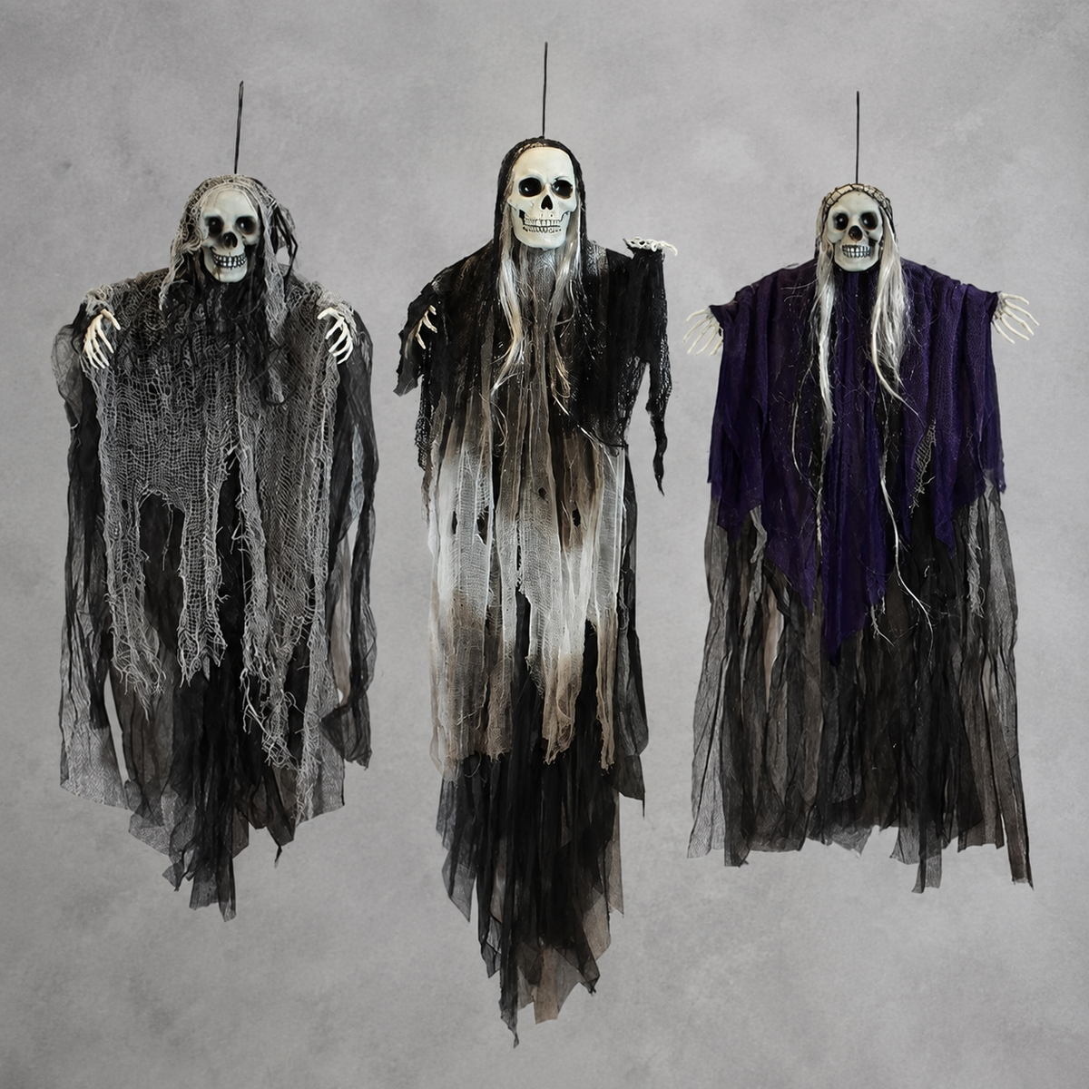 Set of 3 Hanging Grim Reapers, Skull Ghost Decorations in Gray Black and Purple for Halloween, product view 2