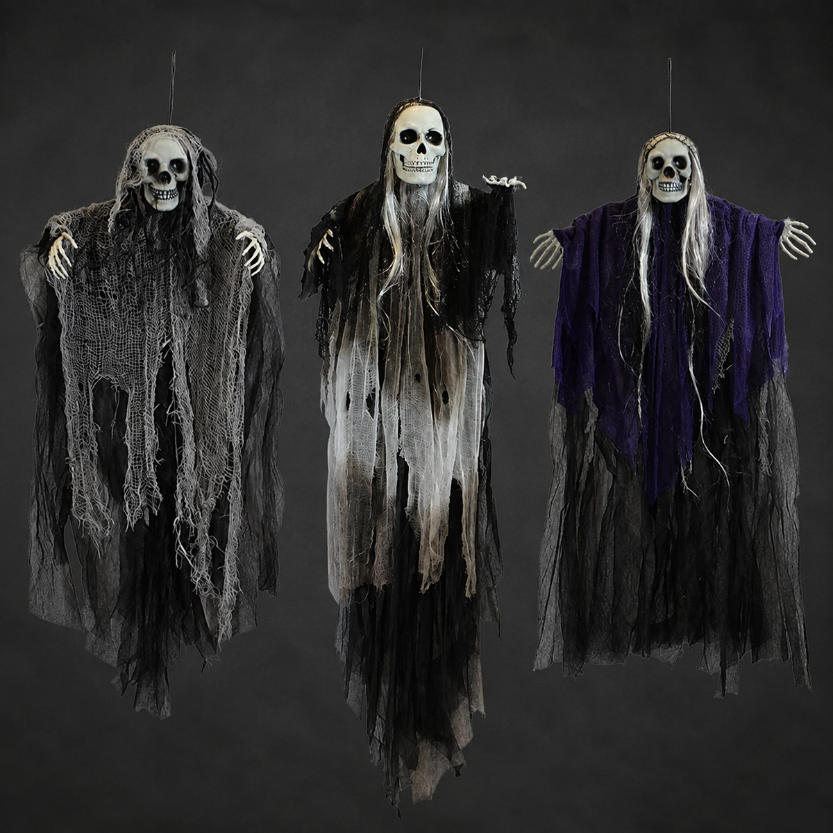 Set of 3 Hanging Grim Reapers, Skull Ghost Decorations in Gray Black and Purple for Halloween, product view 3