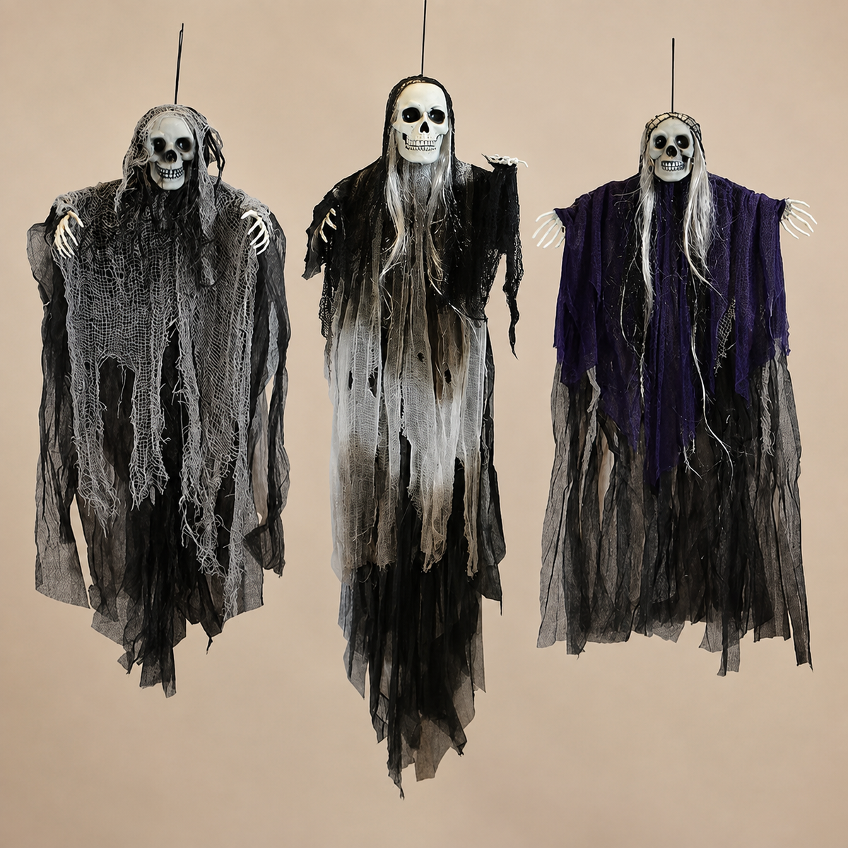 Set of 3 Hanging Grim Reapers, Skull Ghost Decorations in Gray Black and Purple for Halloween, product view 4