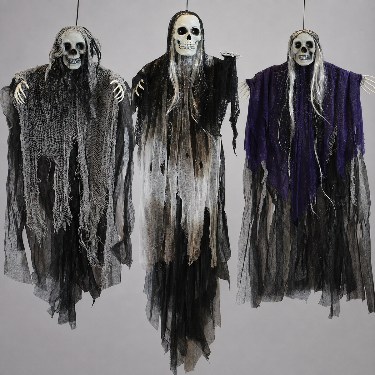 Set of 3 Hanging Grim Reapers, Skull Ghost Decorations in Gray Black and Purple for Halloween, product view 5