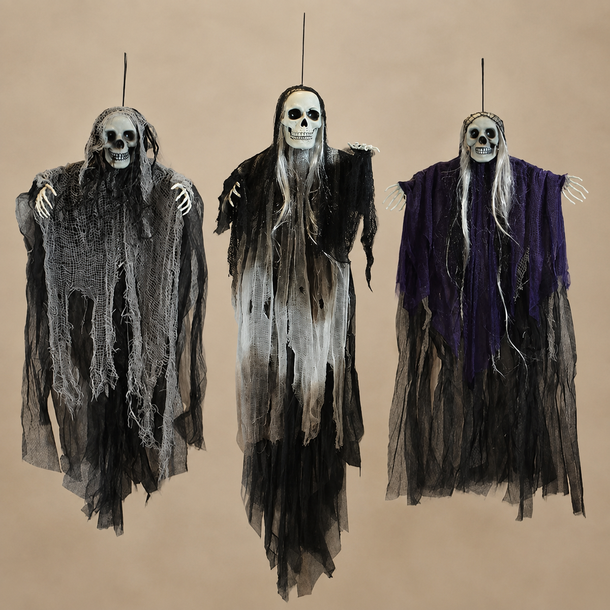 Set of 3 Hanging Grim Reapers, Skull Ghost Decorations in Gray Black and Purple for Halloween, product view 6
