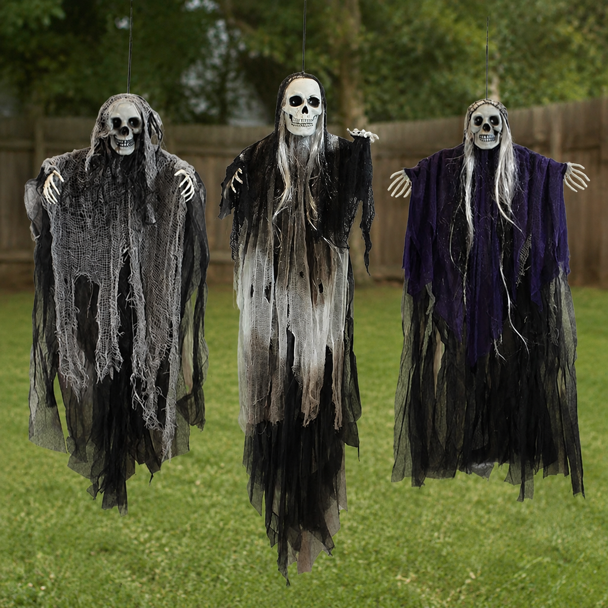 Set of 3 Hanging Grim Reapers, Skull Ghost Decorations in Gray Black and Purple for Halloween, product view 7