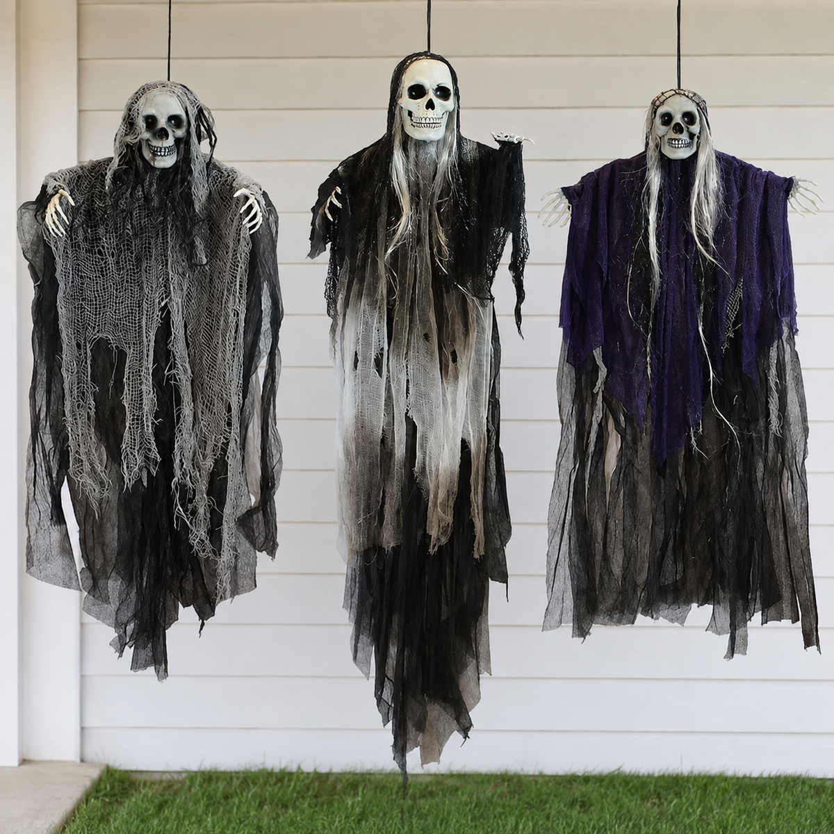 Set of 3 Hanging Grim Reapers, Skull Ghost Decorations in Gray Black and Purple for Halloween, product view 8