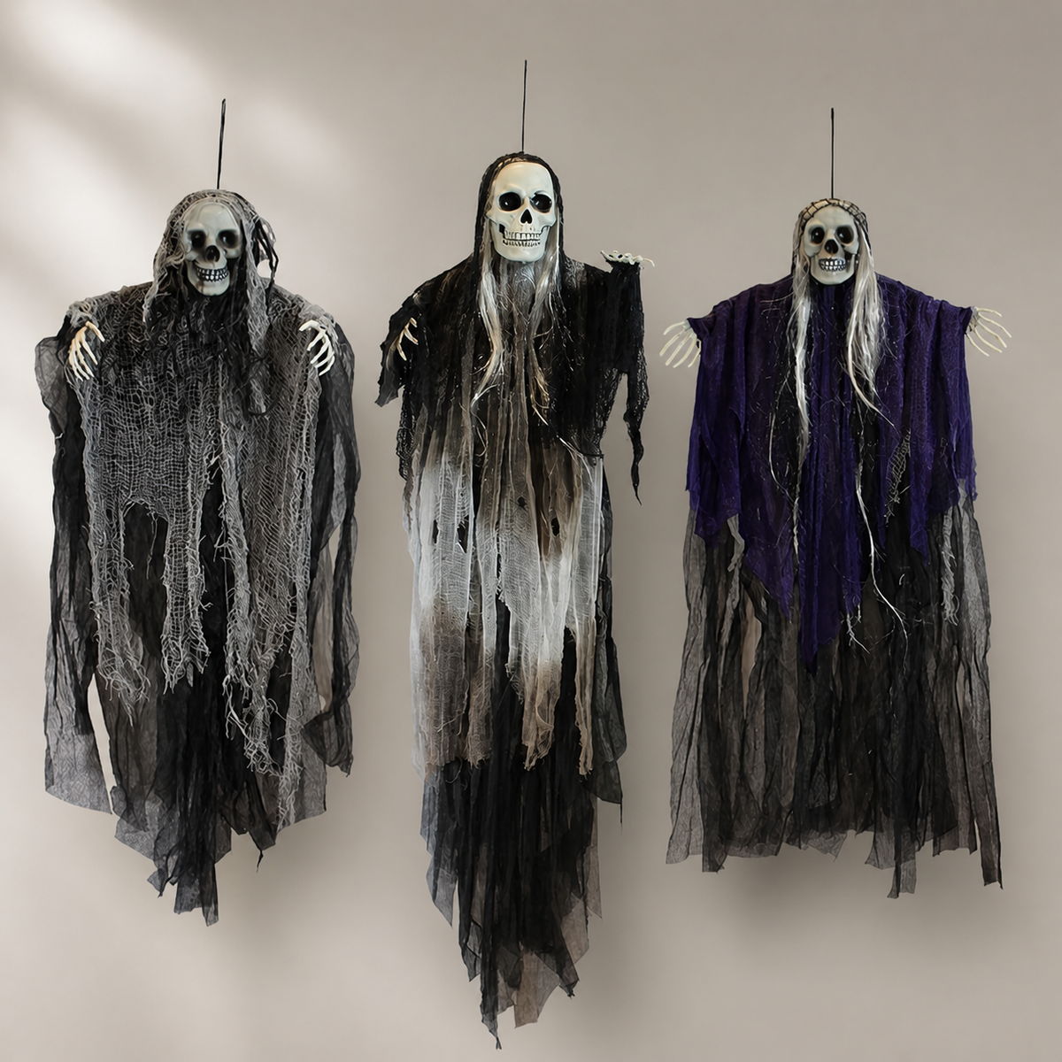 Set of 3 Hanging Grim Reapers, Skull Ghost Decorations in Gray Black and Purple for Halloween, product view 9