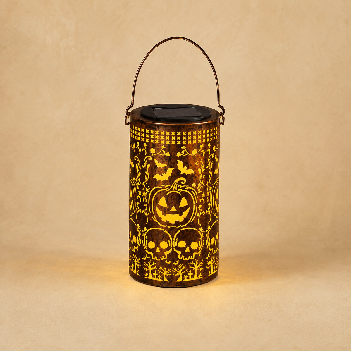 Solar Pumpkin Lantern with Bat and Skull Cutouts, Metal Halloween Light for Porch and Garden, product view 1