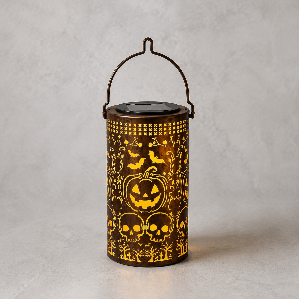 Solar Pumpkin Lantern with Bat and Skull Cutouts, Metal Halloween Light for Porch and Garden, product view 2