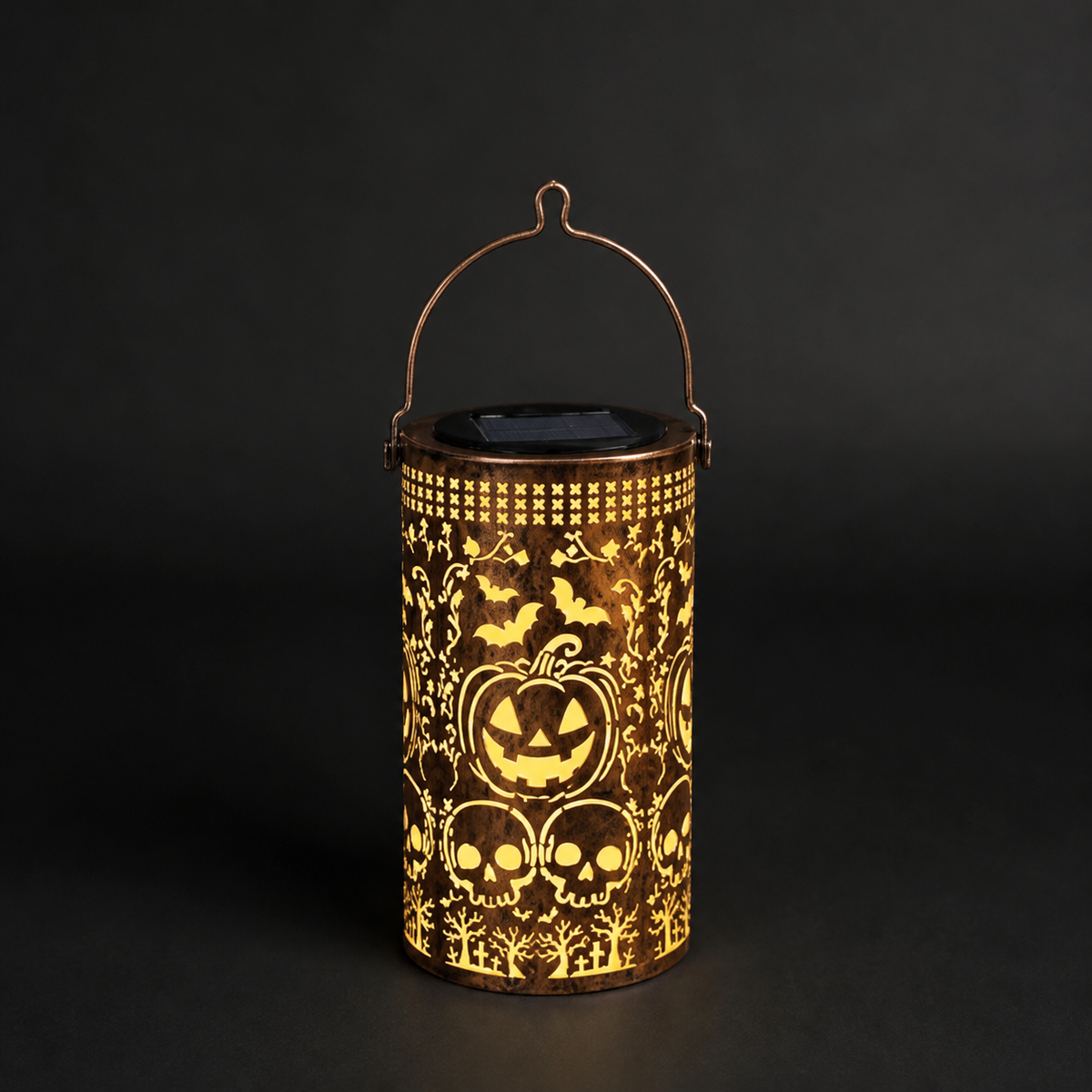 Solar Pumpkin Lantern with Bat and Skull Cutouts, Metal Halloween Light for Porch and Garden, product view 3