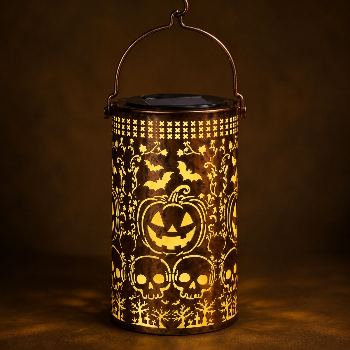 Solar Pumpkin Lantern with Bat and Skull Cutouts, Metal Halloween Light for Porch and Garden, product view 4