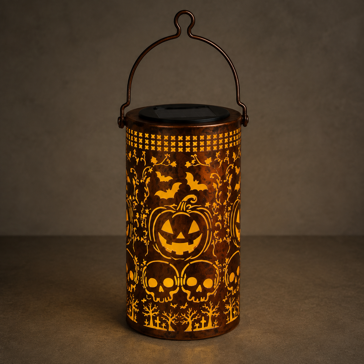 Solar Pumpkin Lantern with Bat and Skull Cutouts, Metal Halloween Light for Porch and Garden, product view 5