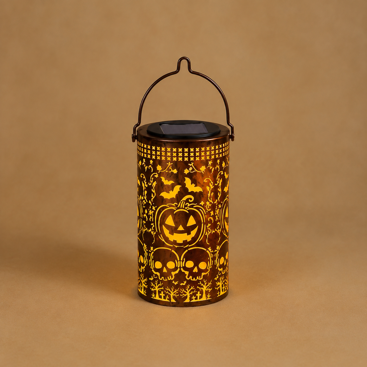 Solar Pumpkin Lantern with Bat and Skull Cutouts, Metal Halloween Light for Porch and Garden, product view 6