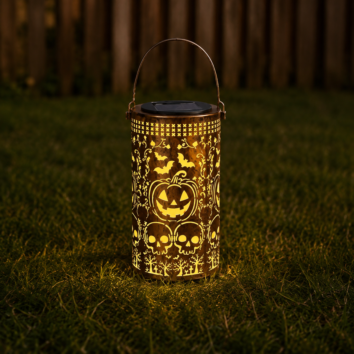 Solar Pumpkin Lantern with Bat and Skull Cutouts, Metal Halloween Light for Porch and Garden, product view 7